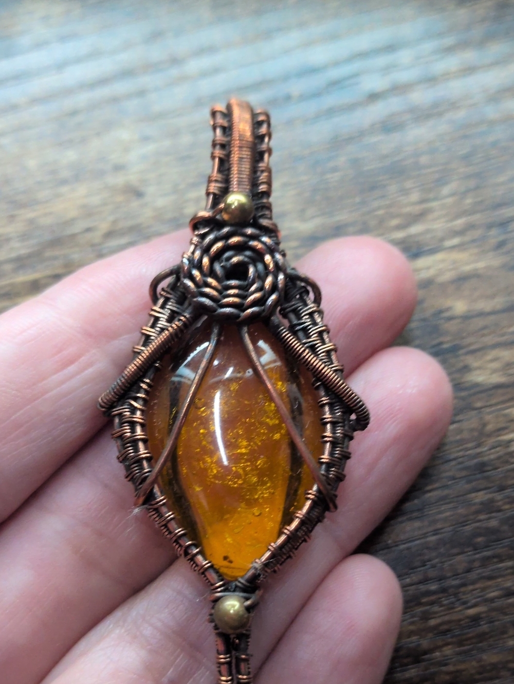 Handcrafted Copper Wire Wrapped Amber Pendant Necklace